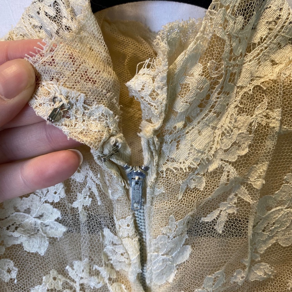 Vintage Handmade Wedding Dress Women XS Ivory Lace Satin Victorian Puff Sleeve - Picture 8 of 13